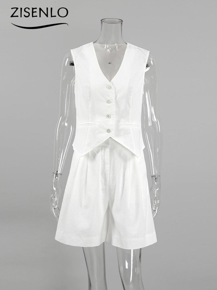 Summer Cotton Linen Vest Short Sets Casual Sleeveless Undershirt Shorts 2 Piece Sets Women Outfit Office Lady White Pant Sets