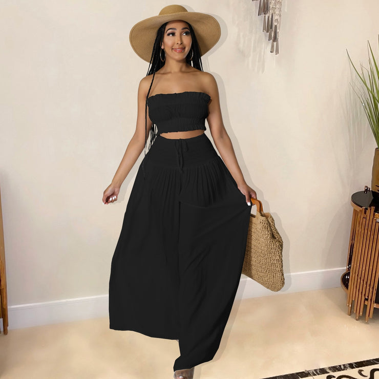 Women&#39;s Vacation 2 Piece Outfits Strapless Tube Crop Top and Wide Leg Loose Pants with Pockets 2023 Fashion Beachwear Tracksuit