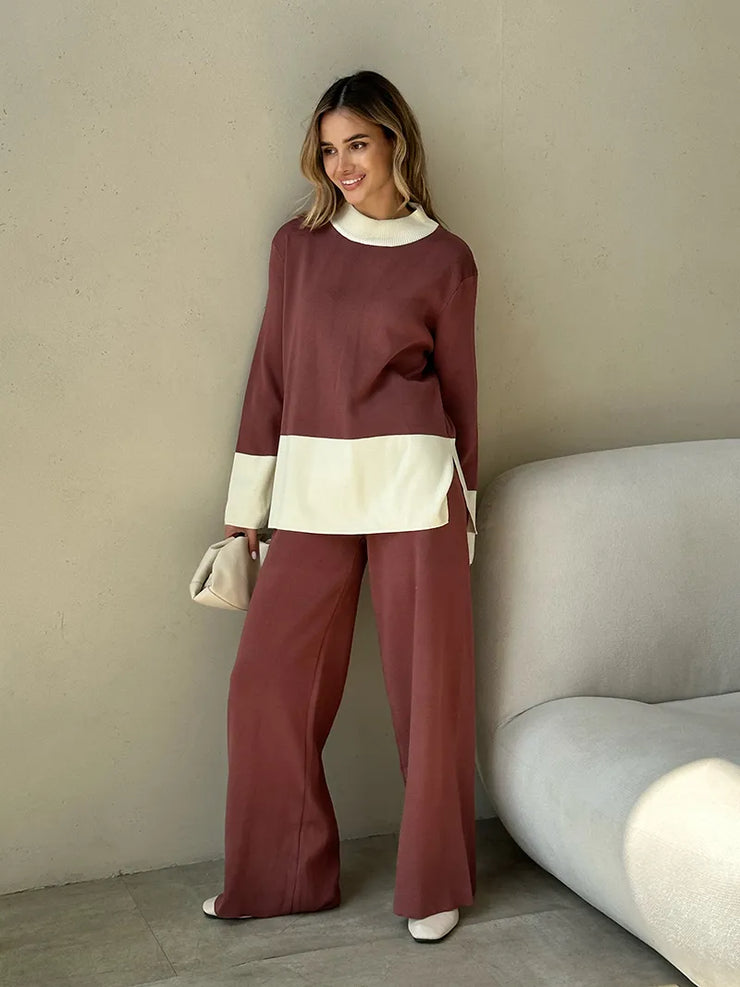 Knit Slit Sweater Matching Sets 2 Piece Knit Pant Suit Casual Knitted Two Piece Women Sets Winter Tracksuit Women Two Piece Set