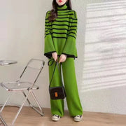 Korean Turtleneck Stripe Stitching Sweater+loose Wide Leg Pants Knitted 2 Piece Sets Womens Winter Thick Warm Streetwear 2 Piece