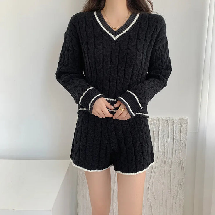 Autumn Winter 2 Pieces Women Sets Knitted Ensemble Femme Casual Tracksuit V-neck Sweater Top And Shorts Suits Y2k