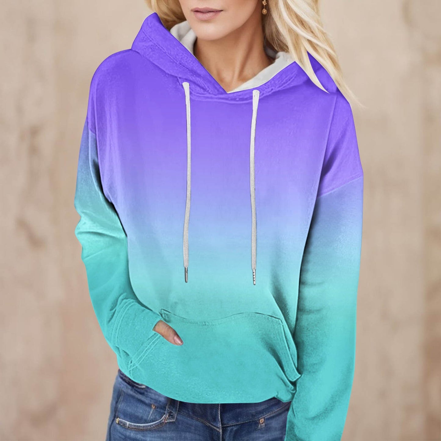 Hoodies For Women Retro Y2k Trendy Loose Sweatshirts Long Sleeve Gradient Patchwork Hooded Streetwear Fall Clothes With Pocket