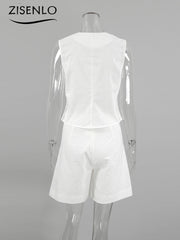 Summer Cotton Linen Vest Short Sets Casual Sleeveless Undershirt Shorts 2 Piece Sets Women Outfit Office Lady White Pant Sets