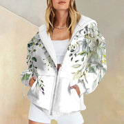 2023 Autumn Winter Women'S Jacket Hooded Flower Print Coat Female Casual Fleece Warm Zipper Coat Winter Over Coat For Women