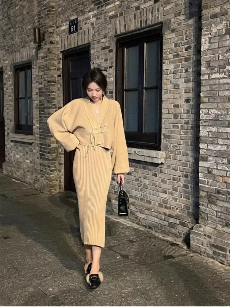 Autumn Women Chic Two Pieces Set V Neck Long Sleeve Single Breasted Crop Top Coat And Sexy Knit Sleeveless Slip Hip Wrap Dresses