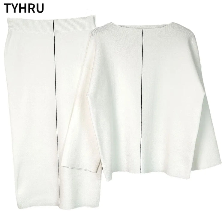 TYHRU Women's Knitted Skirts Sets Office Lady Loose Pullover Sweaters With black thread+Skinny Skirt 2 Pieces Suits