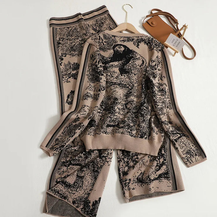 Knitted Women's Ink Painting Jacquard Suit 2 Piece Set Spring Loose Long Sleeve Knitted Wide Leg Pants Sets Female Casual Suits