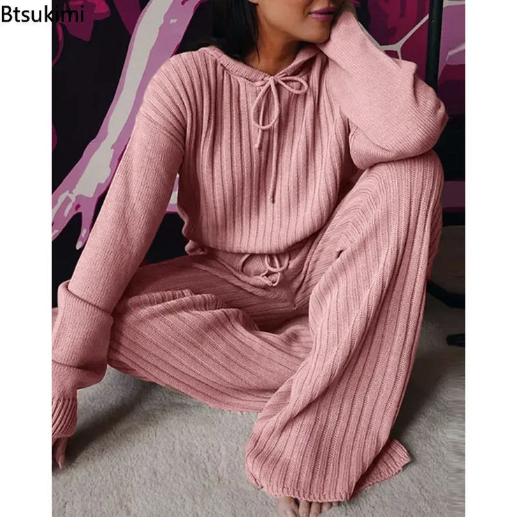 New Women's Knitted Two Piece Sweatershirt Set Hooded Tops +Wide Leg Pants Casual 2 Piece Set Tracksuit Lounge Wear Female Solid