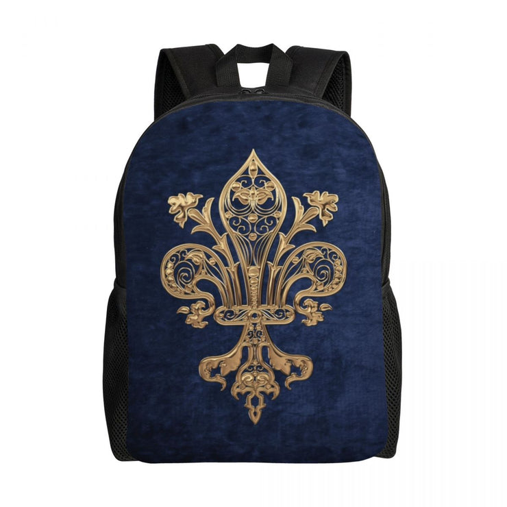 Personalized Silver Filigree Fleur De Lis Backpacks Men Women Basic Bookbag for School College Lily Flower Fleur-De-Lys Bags