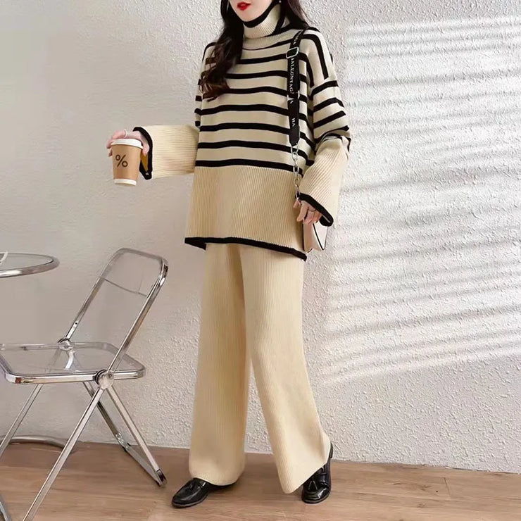 Korean Turtleneck Stripe Stitching Sweater+loose Wide Leg Pants Knitted 2 Piece Sets Womens Winter Thick Warm Streetwear 2 Piece