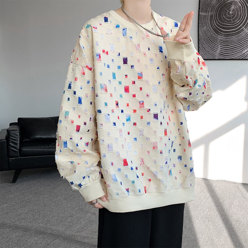Korean Pullover High Quality Autumn New Style Wash Hole Print Sweater Loose Casual Men's Sweatshirt Fashionable Street Clothes