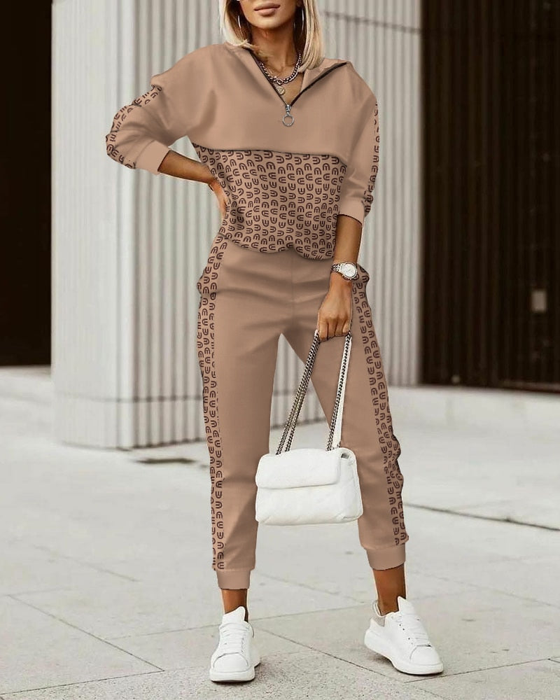 2022 New Fashion Women Plaid Print Zipper Front Hooded Top &amp; Pants Set Two Pieces Suit Flare Pants Outwear