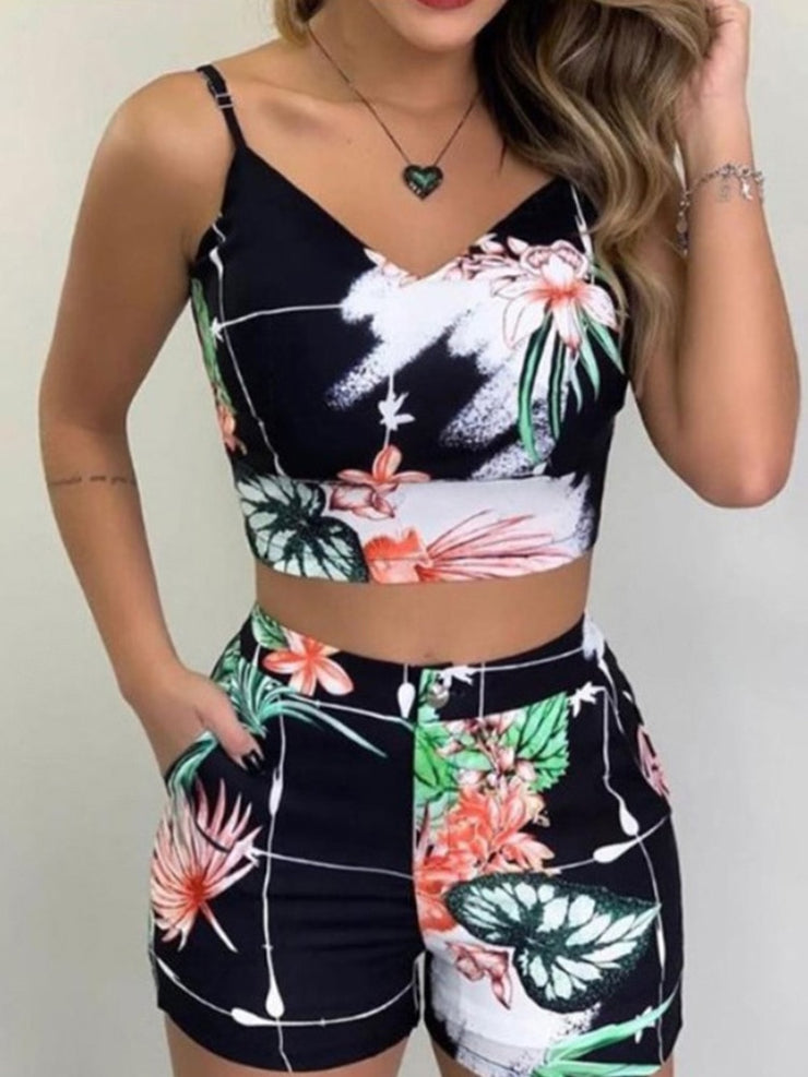 Print Spaghetti Strap Crop Top &amp; Short Sets Casual Summer 2 Piece Outfits for Women