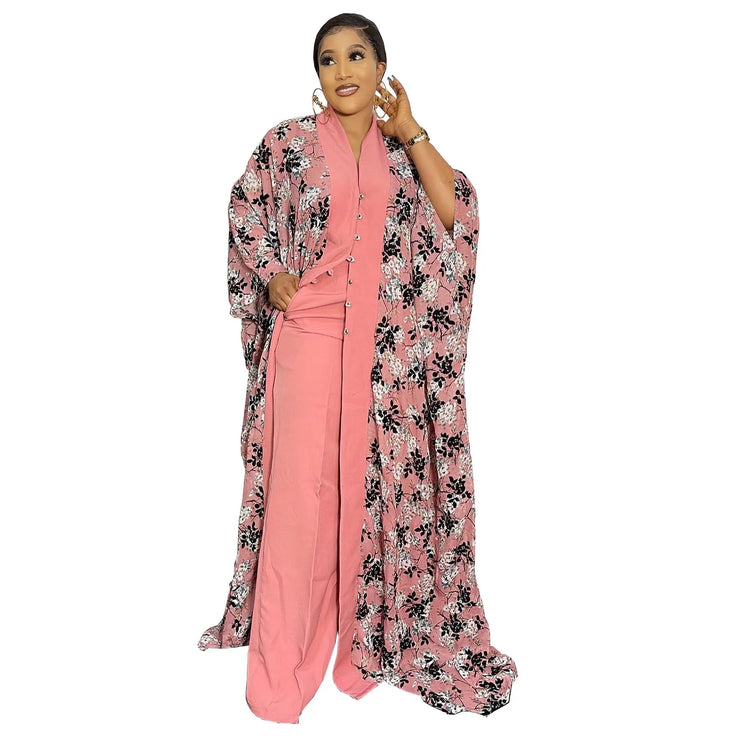African Dresses For Women Digital Printed 2 Piece Set Loose Bat Sleeve Chiffon Robe And Solid Color Knit Wide Leg Pantsuits