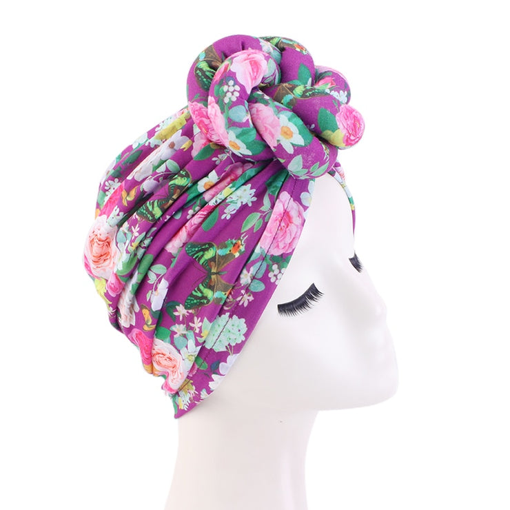 African Pattern Floral Print Knotted Turban Women Chemo Cap Headscarf Beanie Hat Party Wedding Turban Headwear Turbante Mujer