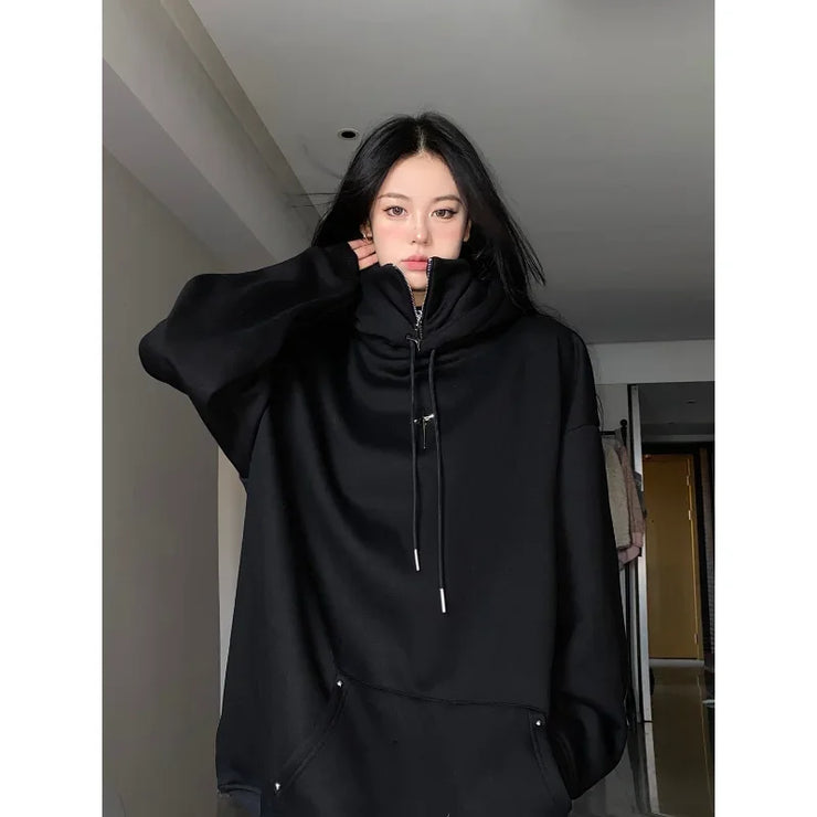 QWEEK Streetwear Black Hooded Female Sweatshirts Oversized Hoodie Women Harajuku Vintage Pullovers Korean Fashion Goth Aesthetic