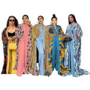 African Dresses For Women Digital Printed 2 Piece Set Loose Bat Sleeve Chiffon Robe And Solid Color Knit Wide Leg Pantsuits