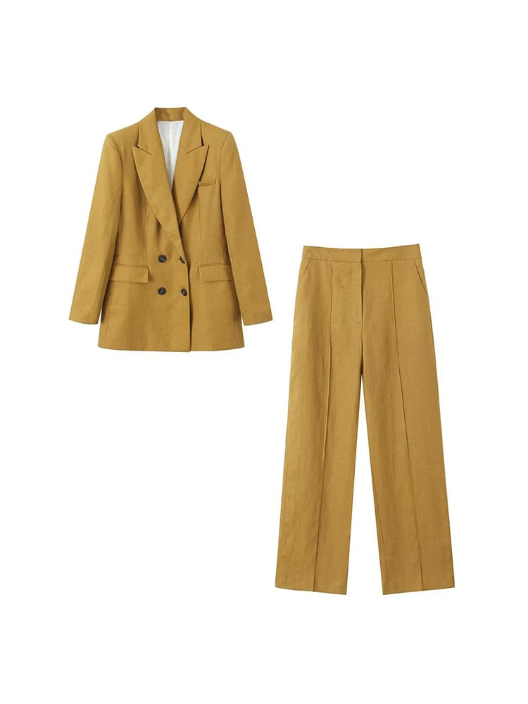 Kumsvag 2023 Women Spring Pant Suits 2-Pieces Sets Causal Solid Linen Blazer Coats and Trousers Female OL Two Suit Clothing
