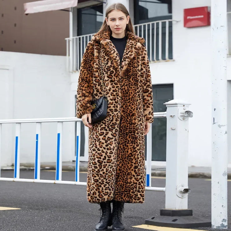 2022 High Street Leopard Print Long Faux Fur Coat Fuzzy Jacket for Women Winter Faux Rabbit Fur Plush Coats and Jackets Coat Fur