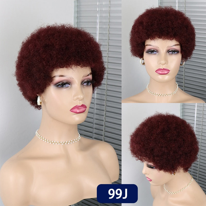 Afro Kinky Curly Wig With Bangs Short Fluffy Hair Wigs For Black Women Glueless 100% Human Hair Wig Pixie Cut Wig Brazilian PAP SHOP 42