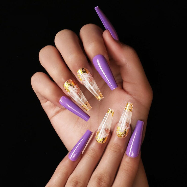 24pcs/box fake nails with glue designed colourful Gold thread rainbow paragraph press on nails coffin girls nail tips stick-on PAP SHOP 42