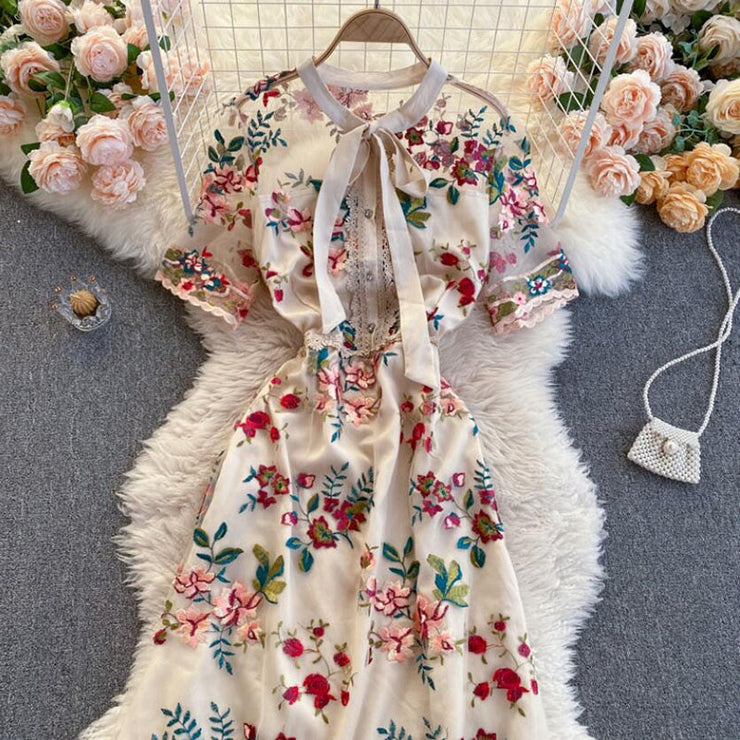 Women Dress 2022 Summer French Vintage Ladies Temperament Bow Collar Flowers Embroidery Elegant Dress Party Vestido PAP SHOP 42