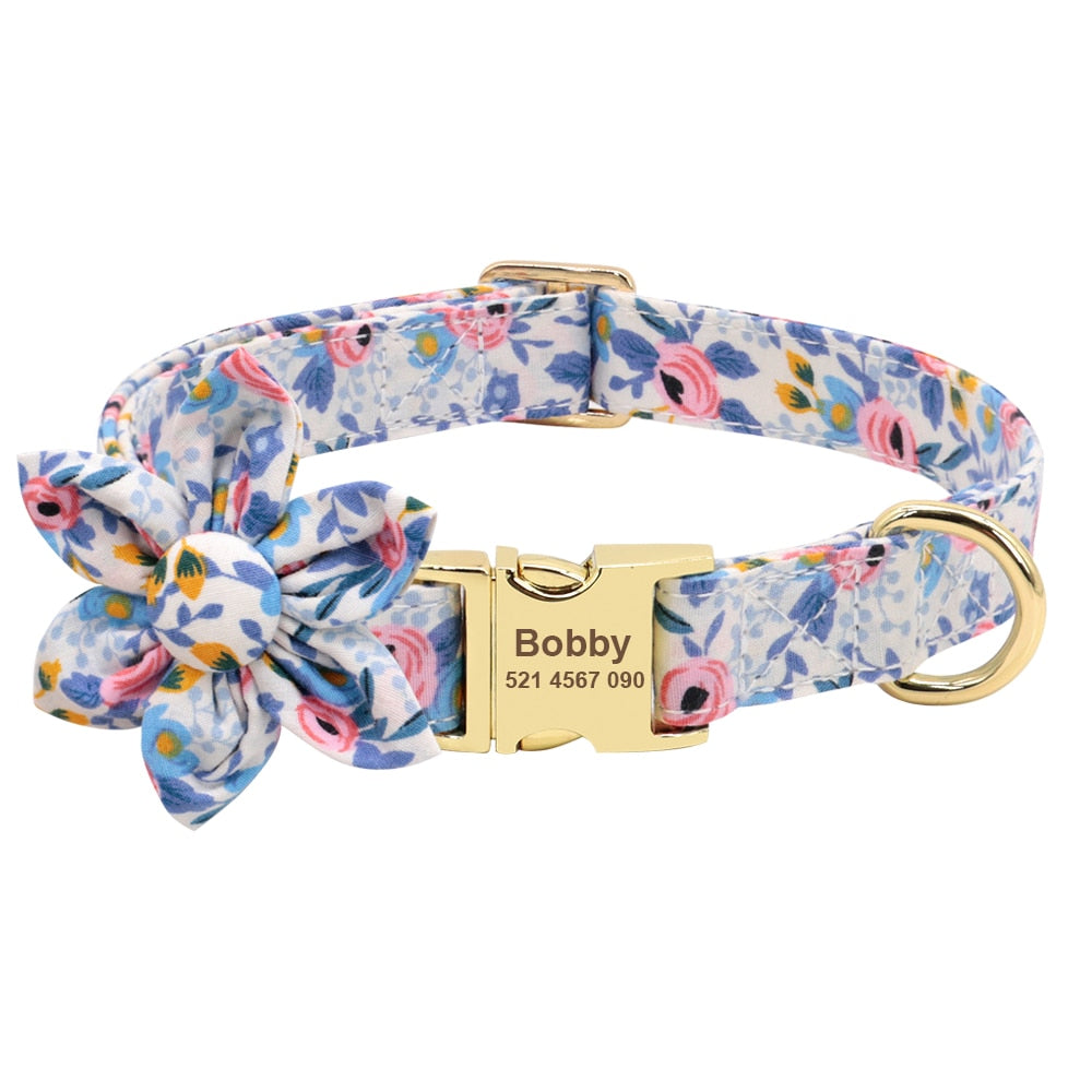Custom Engraved Dog Collar With Leash Nylon Printed Dog ID Collars Pet Walking Belt For Small Medium Large Dogs Flower Accessory PAP SHOP 42