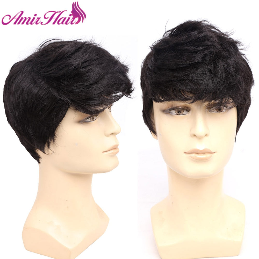 Amir Synthetic Men' Wigs Brown Short Straight Grey Hair Wigs Black Blonde Wig for Men Brown Gray Wig Natural wave PAP SHOP 42