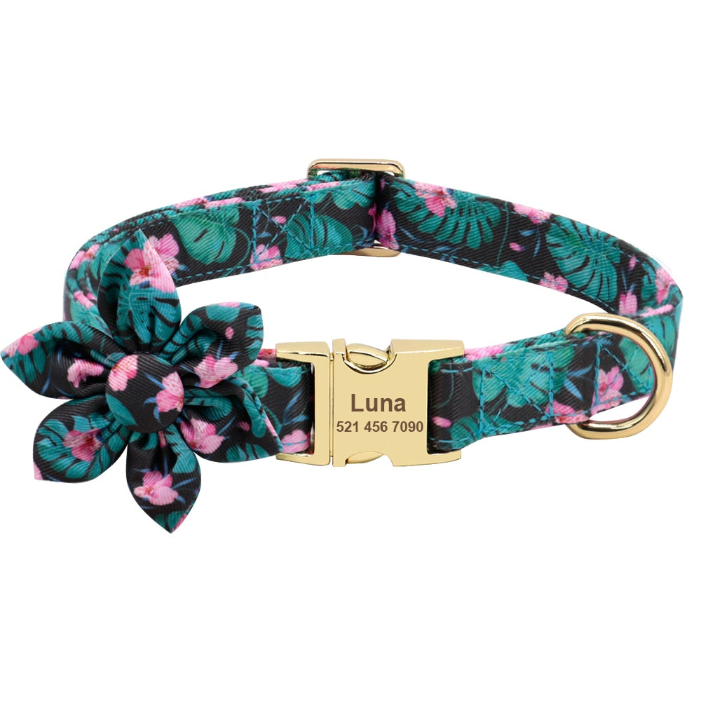 Custom Engraved Dog Collar With Leash Nylon Printed Dog ID Collars Pet Walking Belt For Small Medium Large Dogs Flower Accessory PAP SHOP 42