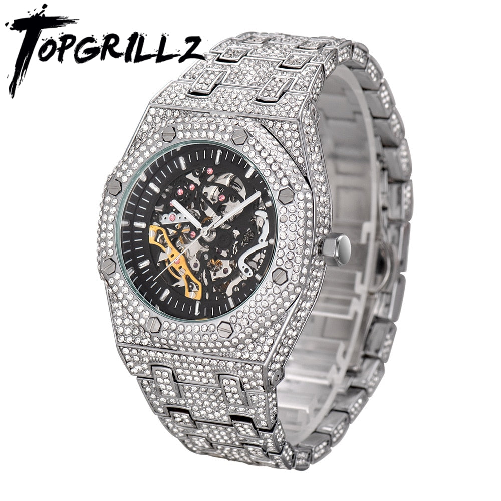 TOPGRILLZ Mechanical Luxury Rhinestones Watches White Gold Shine Mens Watches Stainless Steel Watch Quality Business Watch PAP SHOP 42