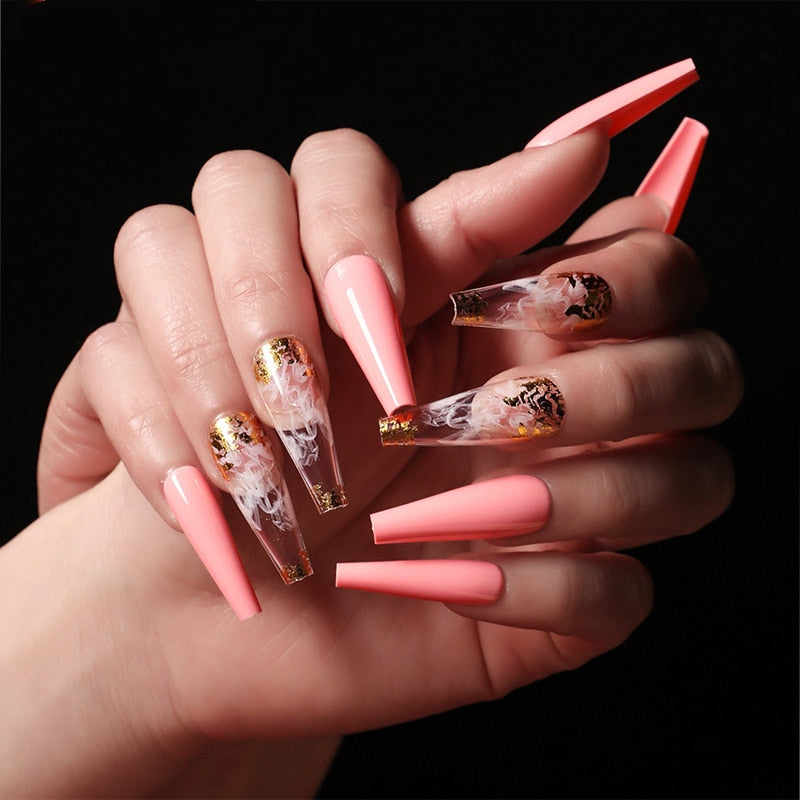 24pcs/box fake nails with glue designed colourful Gold thread rainbow paragraph press on nails coffin girls nail tips stick-on PAP SHOP 42