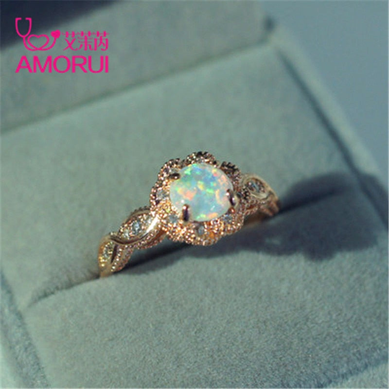 AMORUI Vintage Australian Crystal Flower Ring Female Anniversary Gift Jewelry Fashion Golden Opal Engagement / Wedding Rings PAP SHOP 42