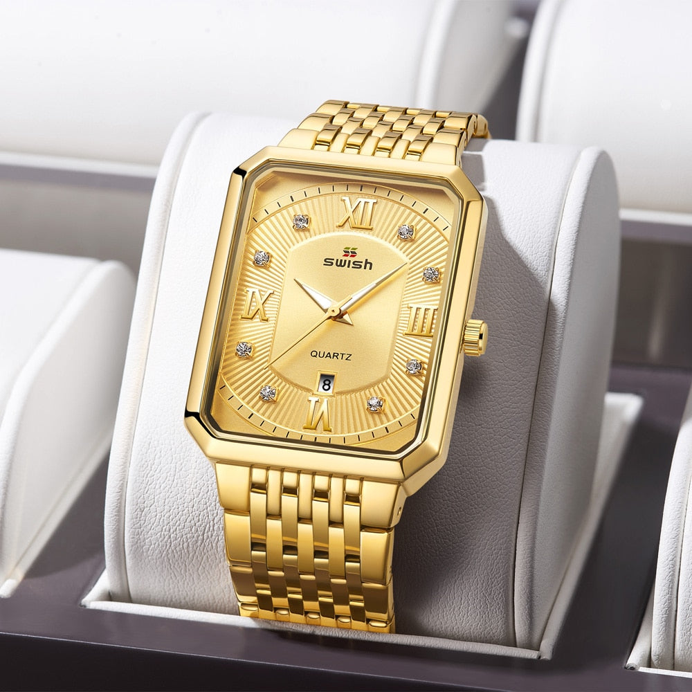 Luxury Golden Watches Men Top Brand Designer Quartz Wristwatches Creative Rectangle Diamond Watch Waterproof Relogio Masculino PAP SHOP 42