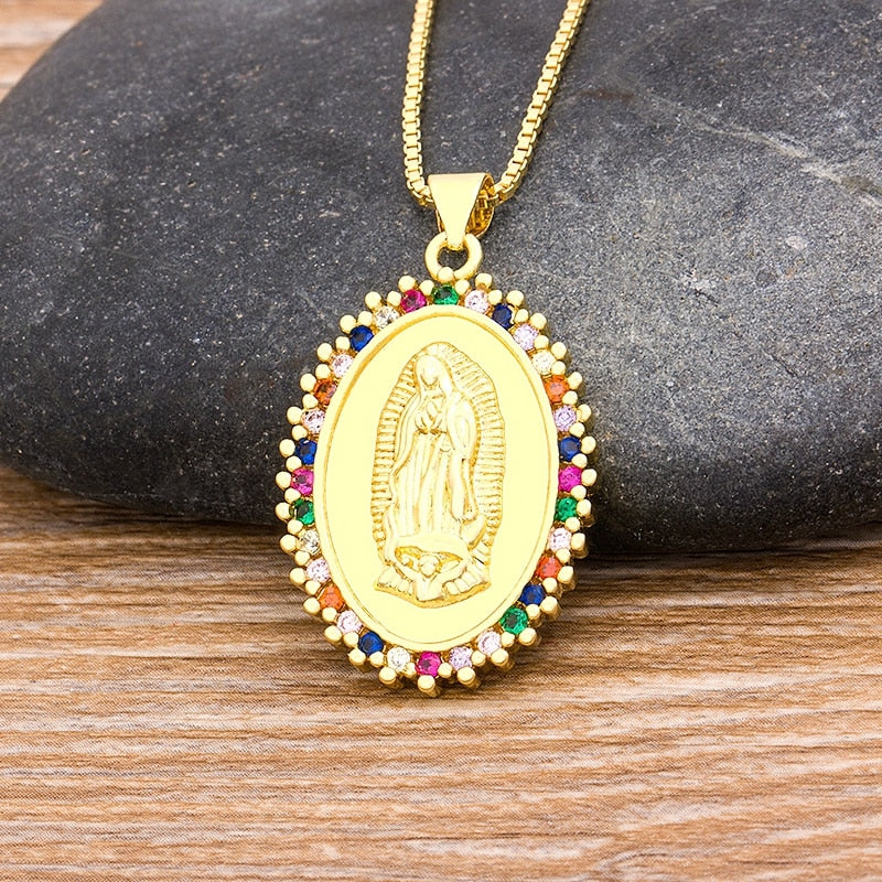 Nidin Rainbow Virgin Mary Pendant Necklaces For Women Gold Crystal Our Lady of Guadalupe Necklaces Copper Cubic Zircon Jewelry PAP SHOP 42