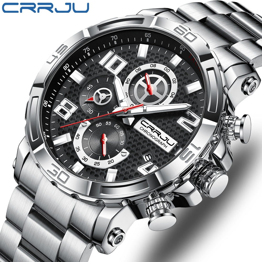CRRJU Men Watches Big Dial Waterproof Stainless Steel with Luminous handsDate Sport Chronograph Watches Relogio Masculino PAP SHOP 42
