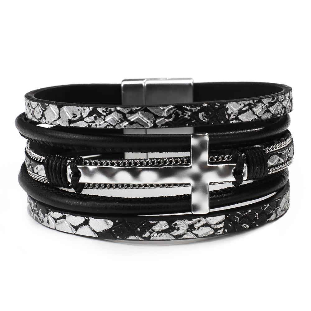 Amorcome Fashion Metal Cross Charm Women Leather Bracelets Handmade Wide Wrap Bracelets Bangles Bohemian Wrist Jewelry 6 Colors PAP SHOP 42