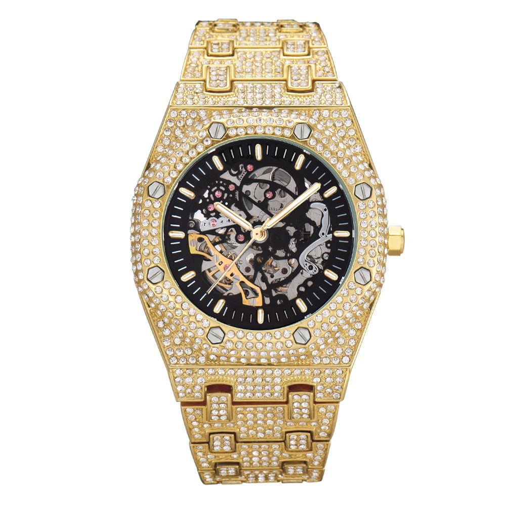 TOPGRILLZ Mechanical Luxury Rhinestones Watches White Gold Shine Mens Watches Stainless Steel Watch Quality Business Watch PAP SHOP 42