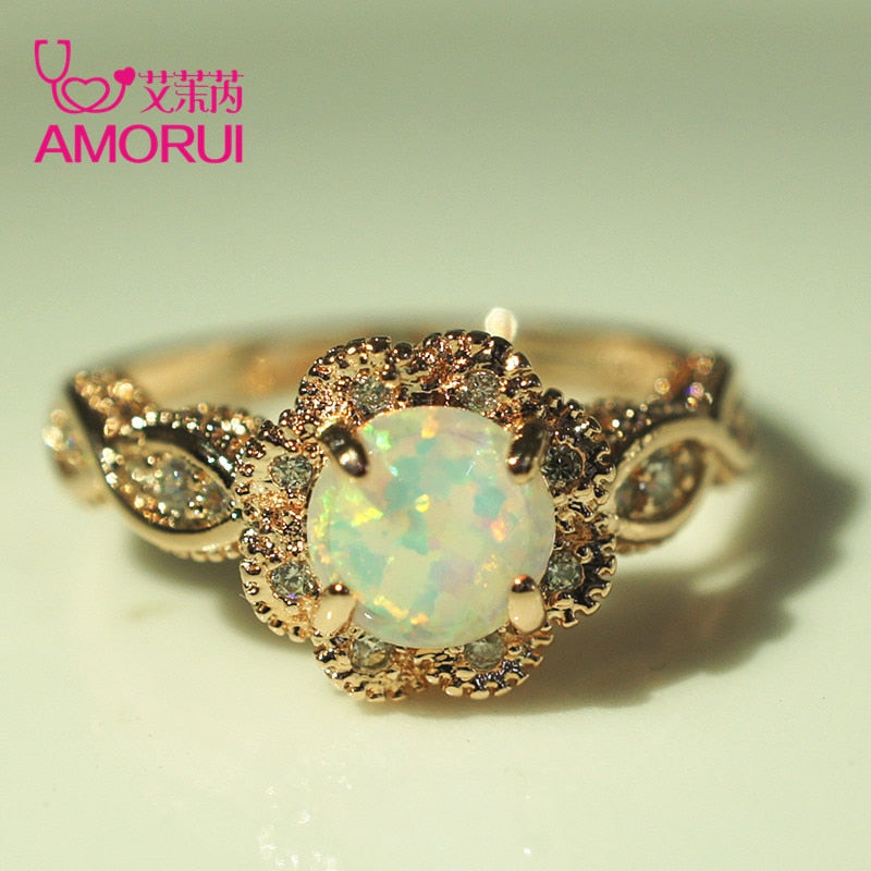AMORUI Vintage Australian Crystal Flower Ring Female Anniversary Gift Jewelry Fashion Golden Opal Engagement / Wedding Rings PAP SHOP 42