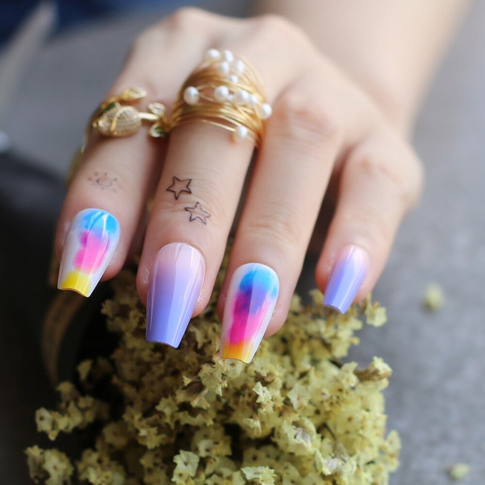 Lavender purple  nude ombre coffin fake nails Blooming blue yellow rose fake nails PAP SHOP 42