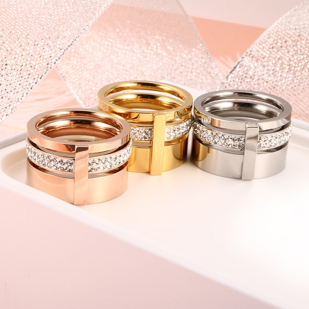 Trendy Brand Three Layers 316L Stainless Steel Crystal Rings For Women Rings Jewelry Fashion Engagement Gift Female Rings PAP SHOP 42