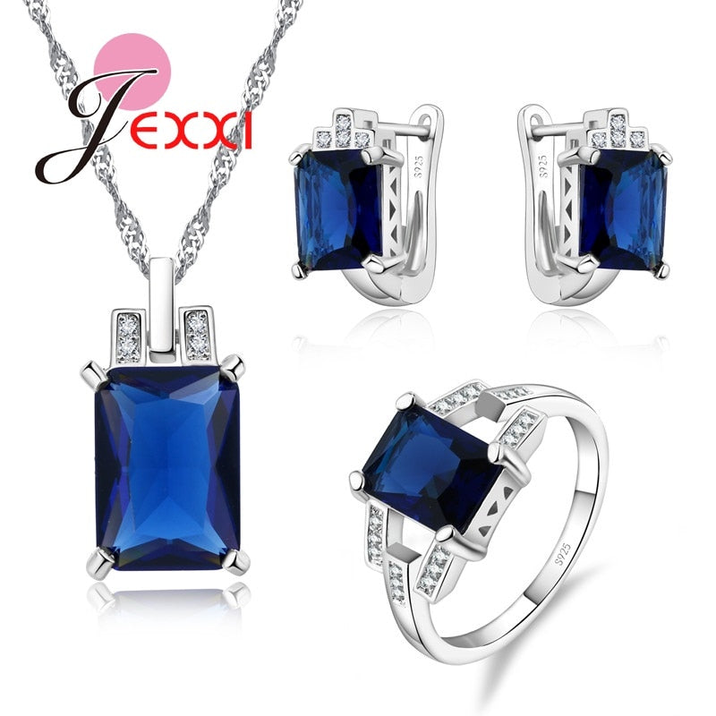 Women 925 Sterling Silver  Jewelry Sets Accessory Fashion Blue CZ Pendant Necklace Ring Set For Brides Jewellery PAP SHOP 42