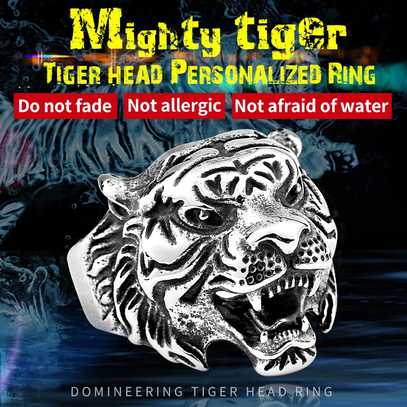 BEIER Stainless Steel Titanium Tiger Head Ring Men Personality Unique Men&#39;s Animal Amulet Jewelry good detail BR8-307 US size PAP SHOP 42
