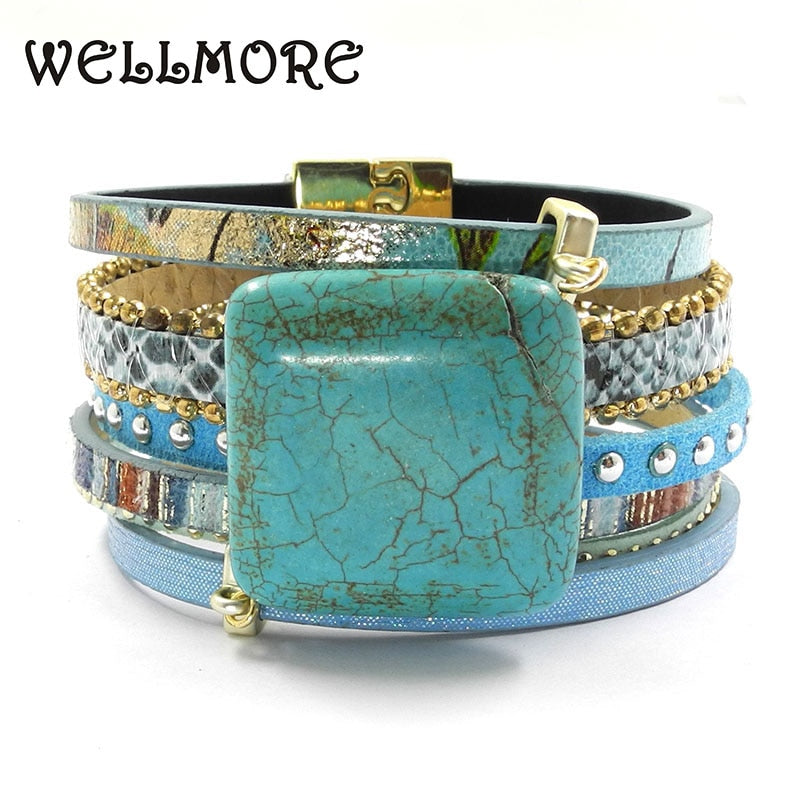 blue leather bracelet stone charm bracelets magnet buckle  Bohemian bracelets boho bracelets &amp; bangles  B161001 PAP SHOP 42
