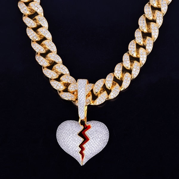 Gold Color Broken Heart Pendants Necklaces Bling AAA Zircon Men&#39;s Hip Hop Jewelry PAP SHOP 42
