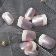 Pearl Shine Pink French Nail White Round Fake Nails Short Glossy Satin Artificial Lady Fingernails with Adhesive PAP SHOP 42