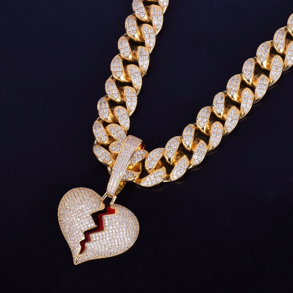 Gold Color Broken Heart Pendants Necklaces Bling AAA Zircon Men&#39;s Hip Hop Jewelry PAP SHOP 42