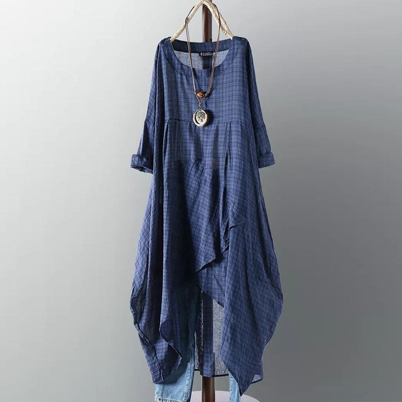 ZANZEA Asymmetrical Midi Dress Womens Check Dress 2023 Female Long Sleeve Plaid Vestidos Summer Sundress Casual Shirt Robe PAP SHOP 42