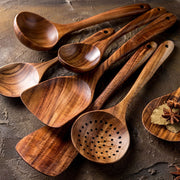 7pcs/set Teak Natural Wood Tableware Spoon Ladle Turner Rice Colander Soup Skimmer Cooking Spoon Scoop Kitchen Reusable Tool Kit PAP SHOP 42