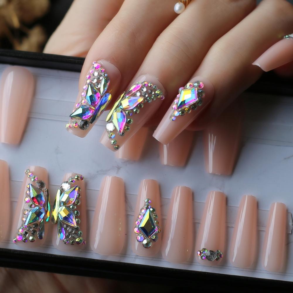Butterfly Crystal Luxury Coffin nude Press on nails box 24pcs UV Acrylic nails bling DIY manual Ballet matte pink fasle nails PAP SHOP 42