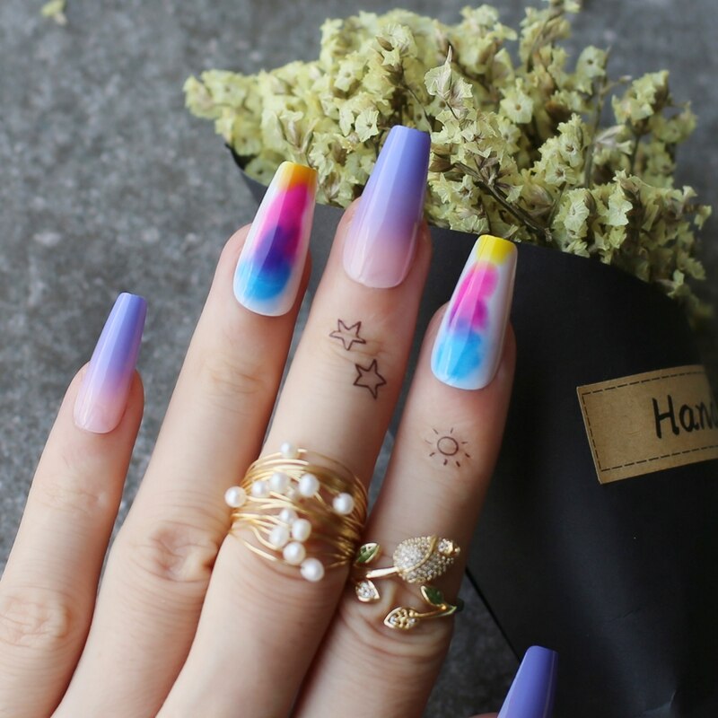 Lavender purple  nude ombre coffin fake nails Blooming blue yellow rose fake nails PAP SHOP 42